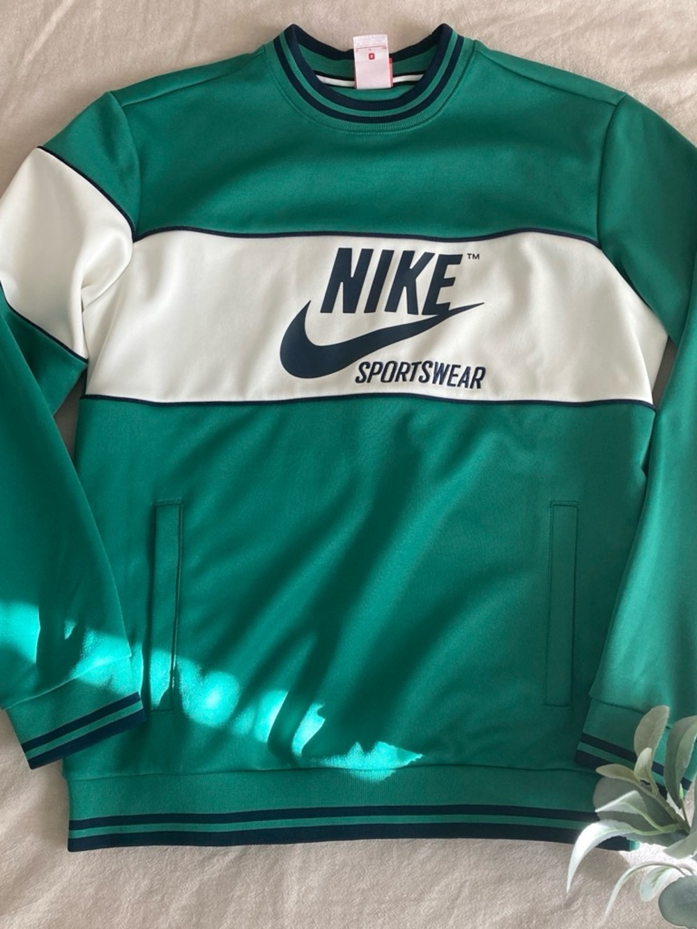 Nike Green and White Sportswear Panel Crewneck